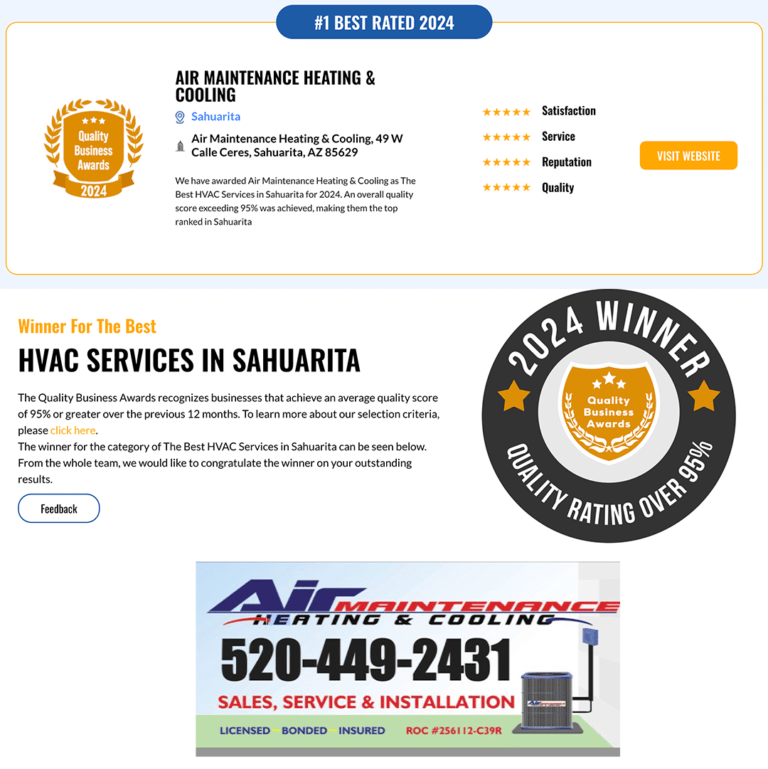 Air Maintenance Heating & Cooling awarded 2024 Quality Business Award for Best HVAC Services in Sahuarita