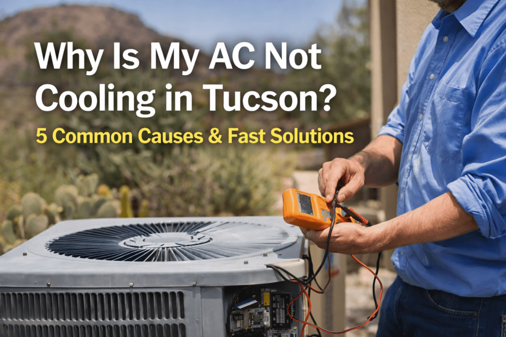 HVAC technician repairing air conditioner in Tucson Arizona during summer heat